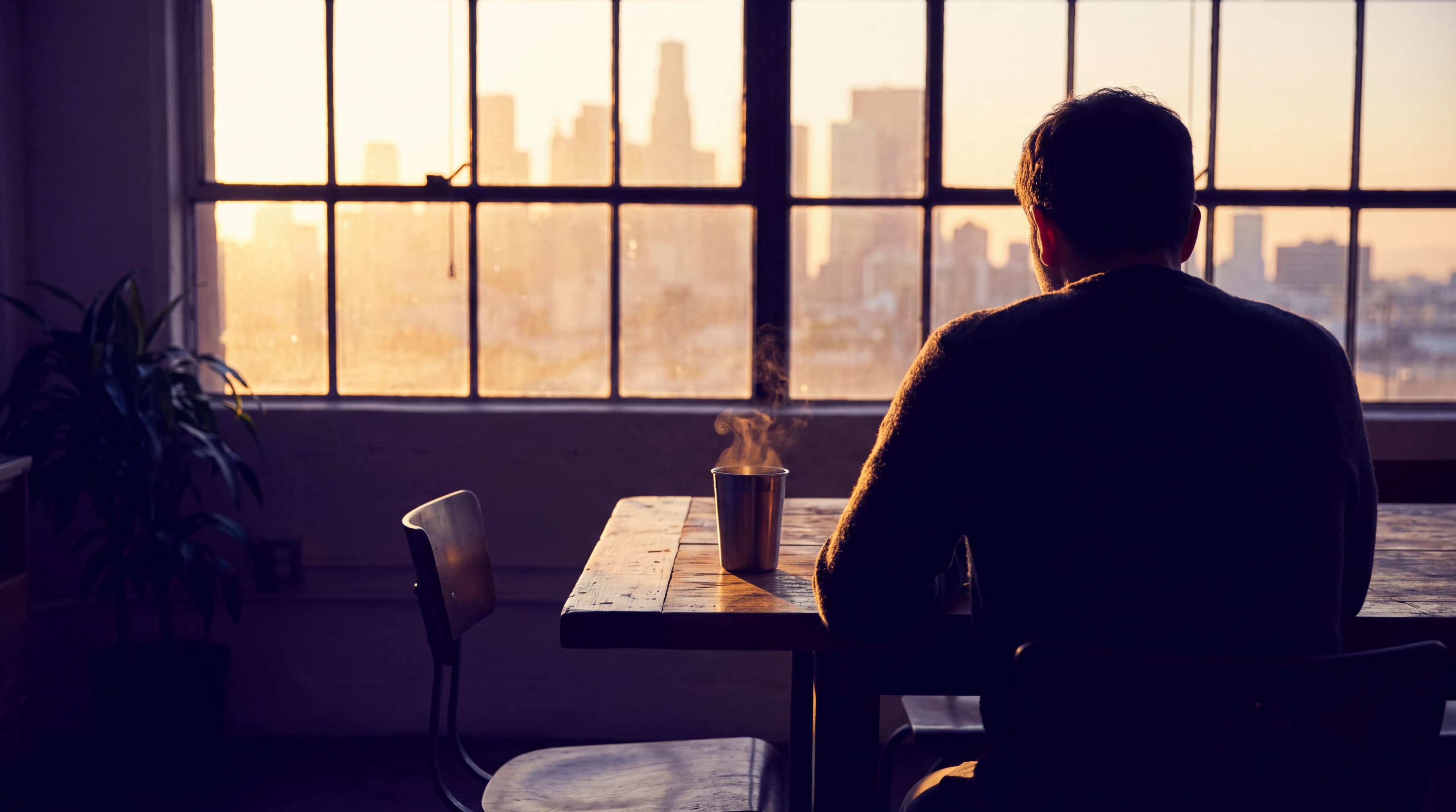 Someone sitting with a cup of chai at a window, watching the sun come up over a city.