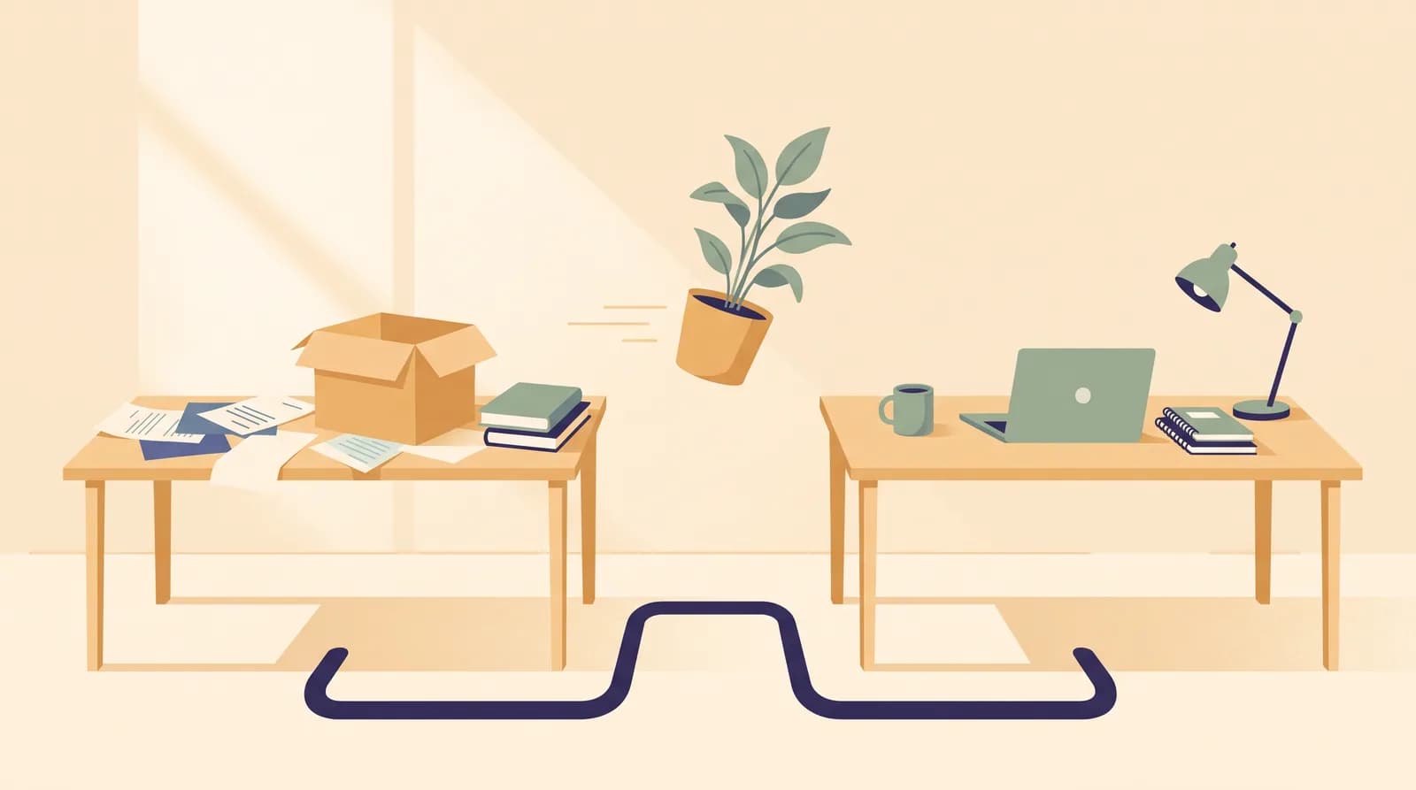 An illustration of two desks side by side in warm daylight, one being left behind and one freshly arranged, with a plant carried between them and a line on the floor connecting the two.