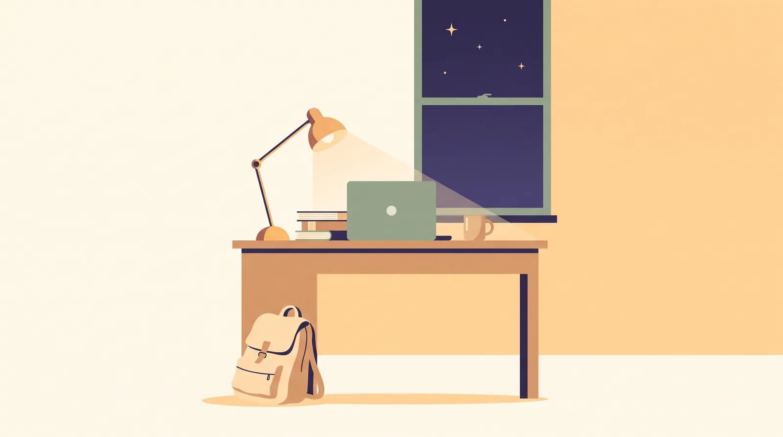 An illustration of a university desk at night lit by a single warm lamp, with a closed laptop, a backpack on the floor and a window showing deep blue evening sky.