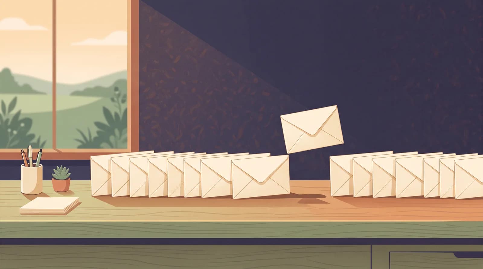 An illustration of a row of identical blank envelopes on a wide desk, one lifted slightly above the rest.
