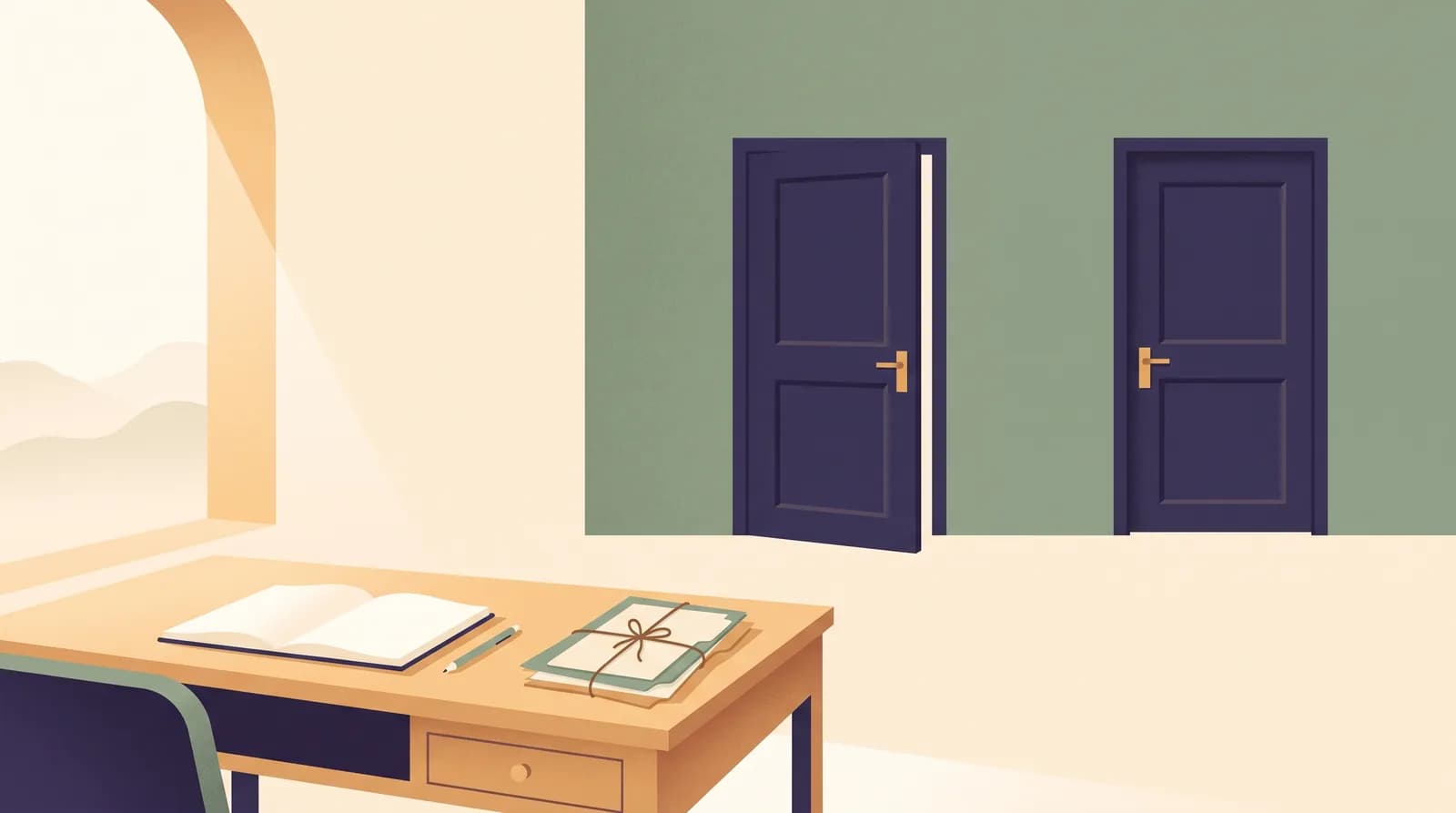 An illustration of a tidy desk holding an open notebook and a stack of sorted paper folders, with two doors on the far wall suggesting a choice between paths.