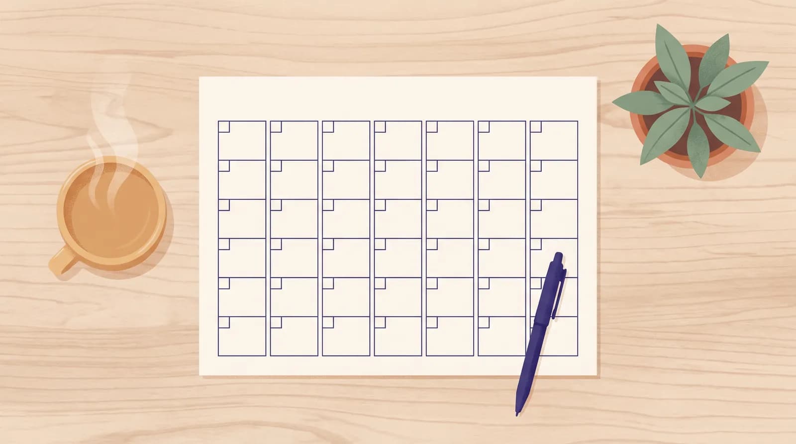 An illustration seen from above of a blank paper wall-planner grid on a wooden desk, with a pen resting on it beside a cup of chai.