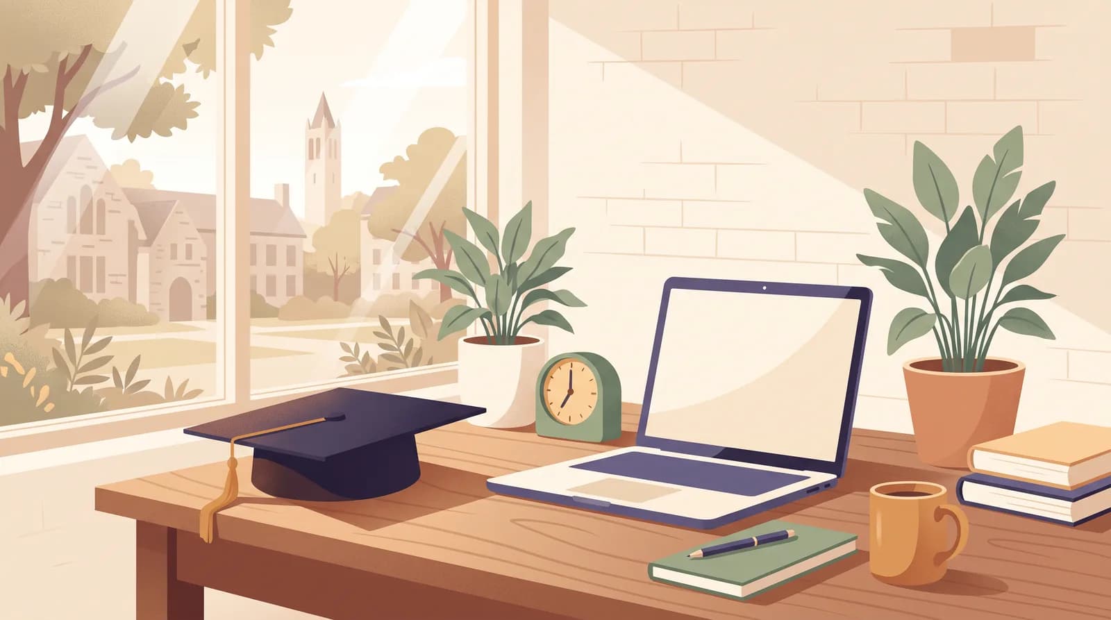 An illustration of a study desk near a bright window, with a closed laptop, a graduation cap and a small desk clock.