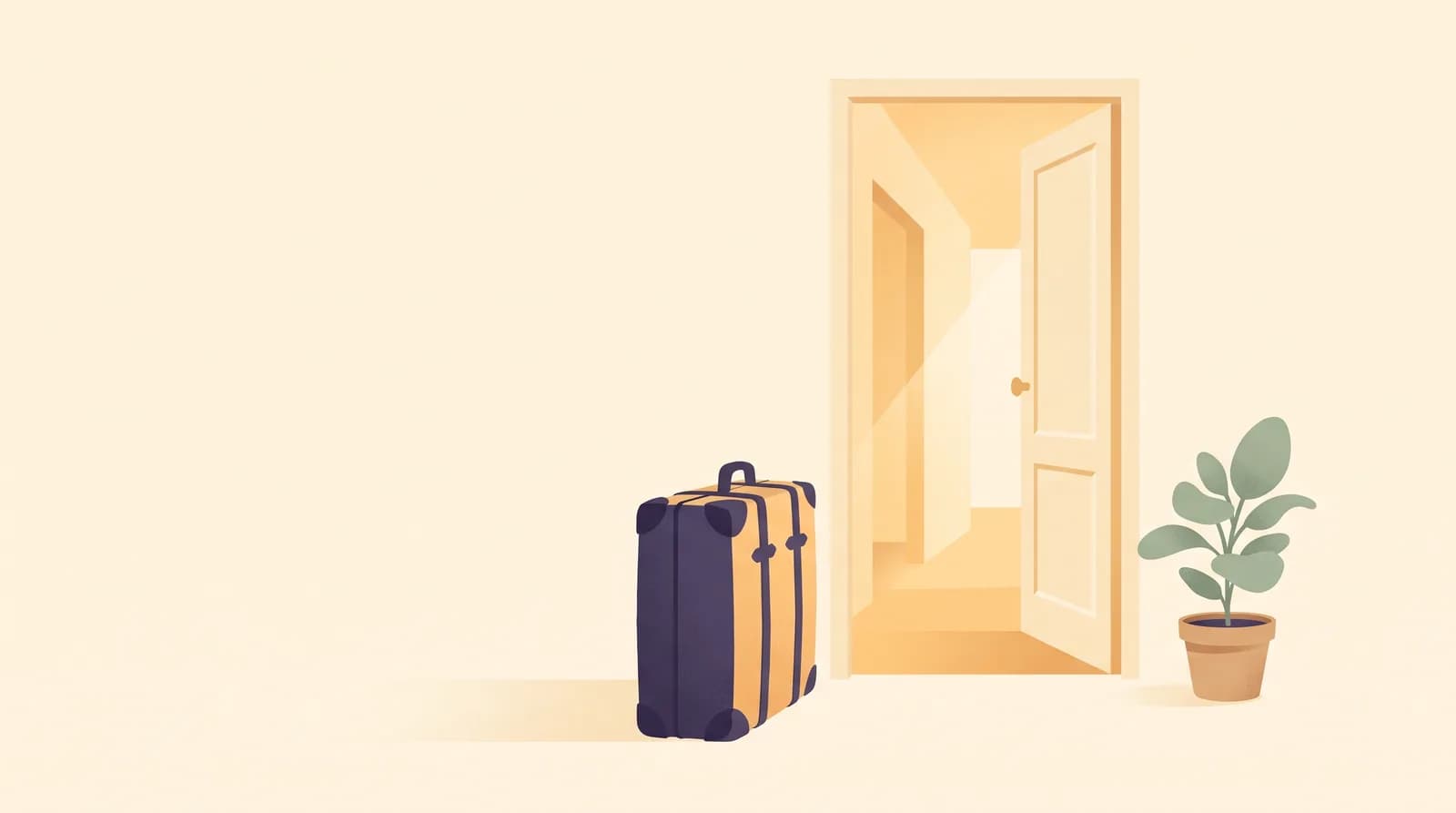 An illustration of a packed suitcase standing beside an open door with warm sunlight coming through, and a small potted plant nearby.