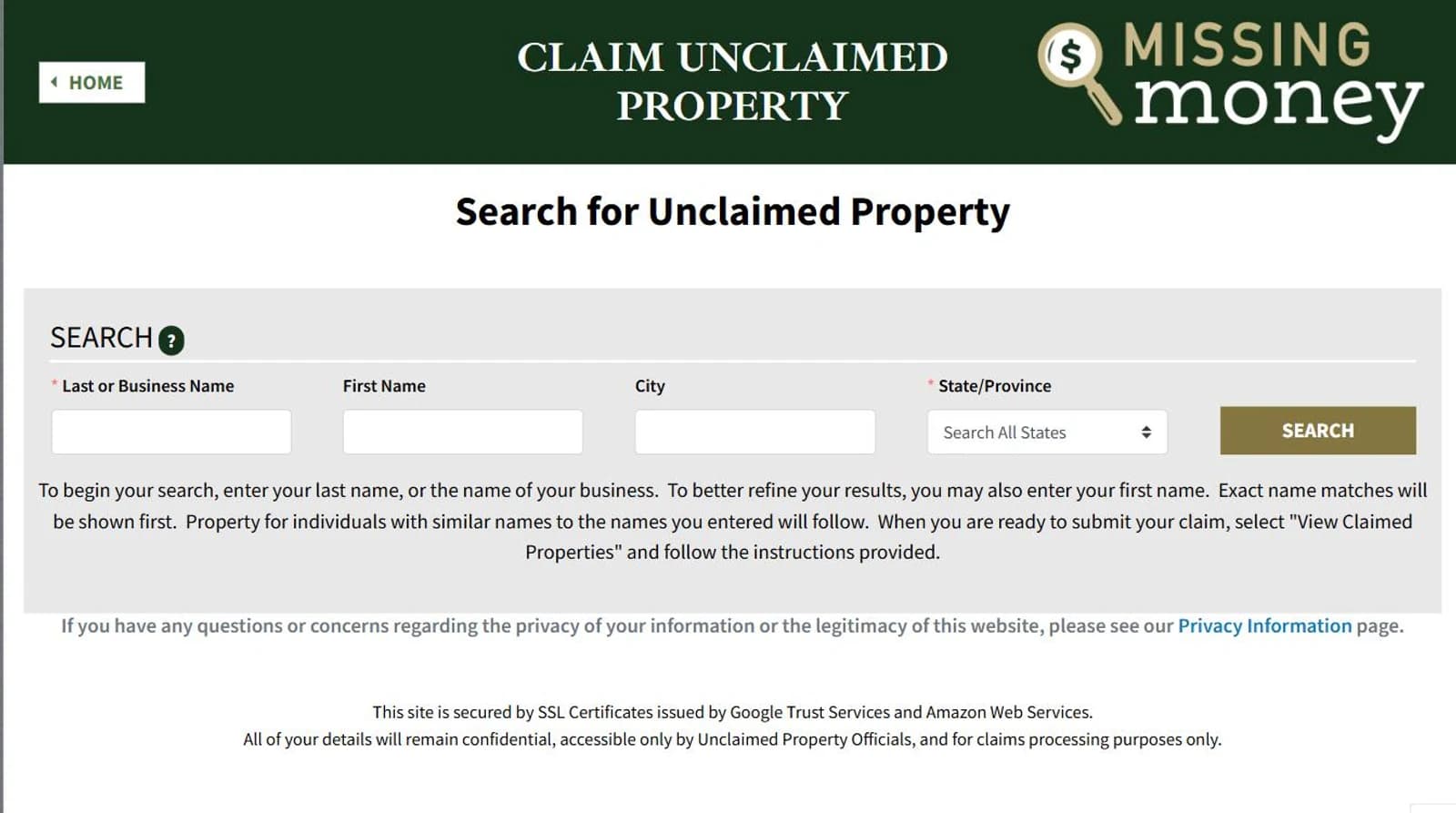 The MissingMoney.com search form, showing the Last or Business Name, First Name, City and State fields, above the site's instruction that exact name matches are shown first and similar names follow.