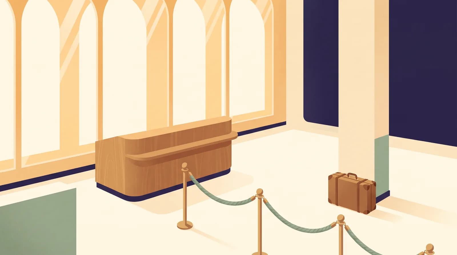 An illustration of a calm airport arrivals hall with an empty inspection counter, a rope queue line, tall windows with daylight, and a single suitcase waiting.