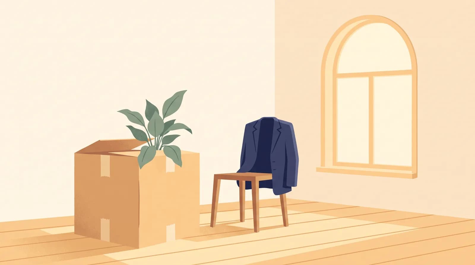 An illustration of a packed cardboard box with a plant poking out of the top, beside a folded jacket over a chair in a sunlit room.