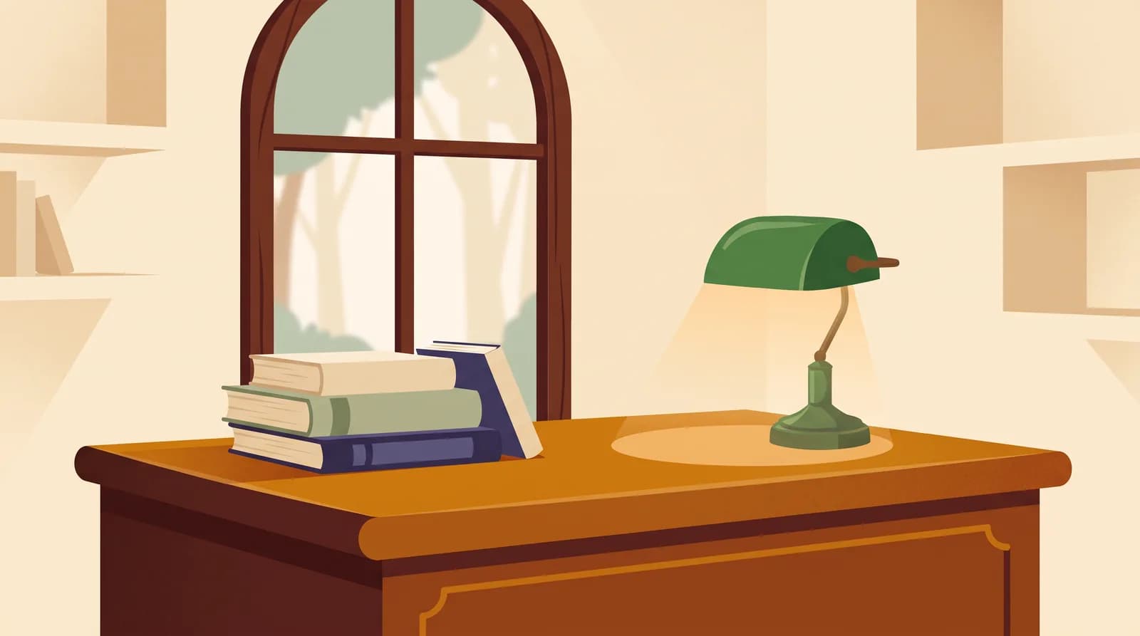 An illustration of a library reading nook with a stack of closed books and a green lamp casting warm light beside a tall window.