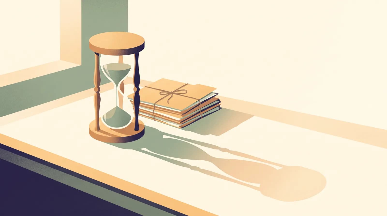 An illustration of an hourglass on a wooden desk beside a small stack of neatly tied paper folders, lit by warm afternoon light from a window with a long shadow.