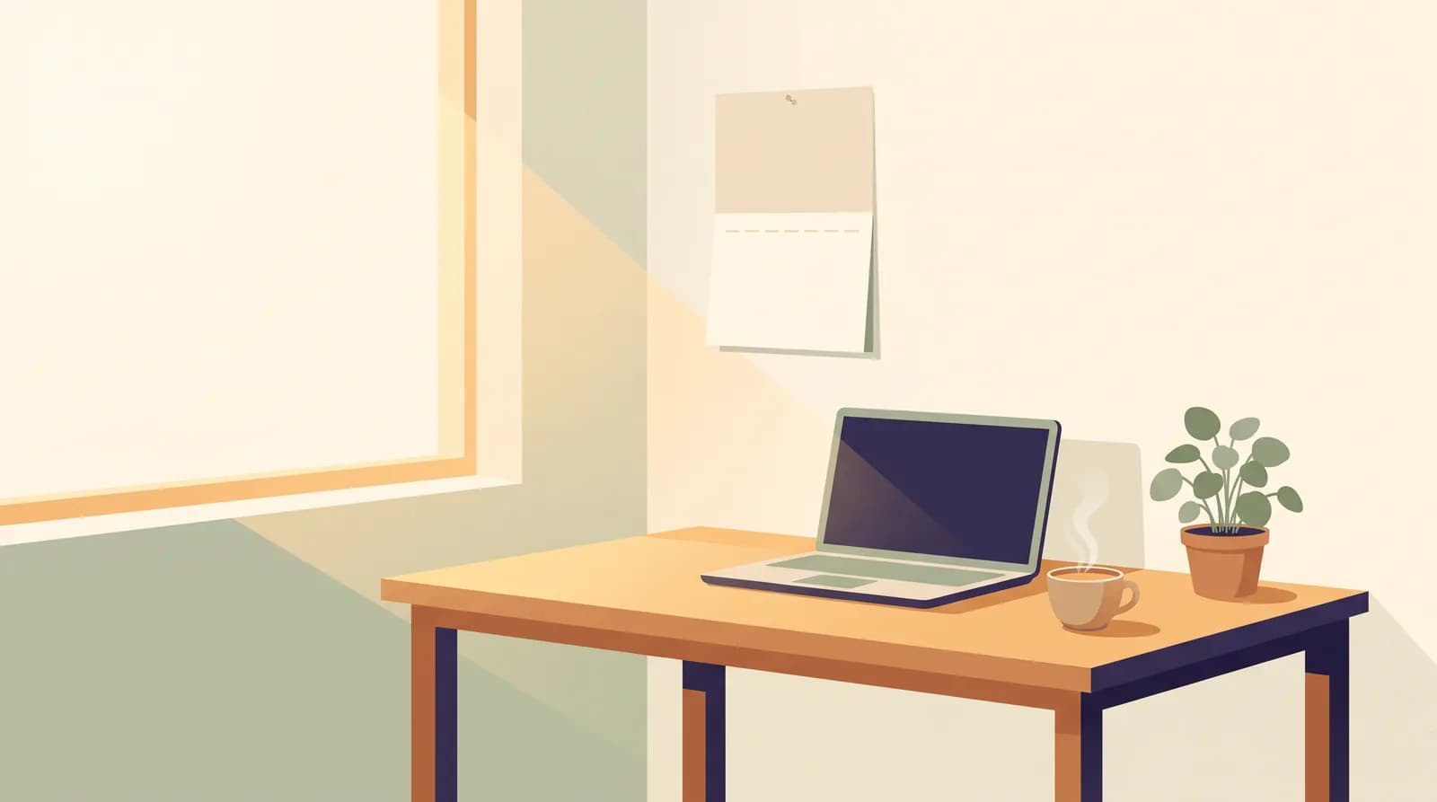 An illustration of a quiet desk beside a sunlit window, with a closed laptop, a cup of chai and a blank paper calendar on the wall above.