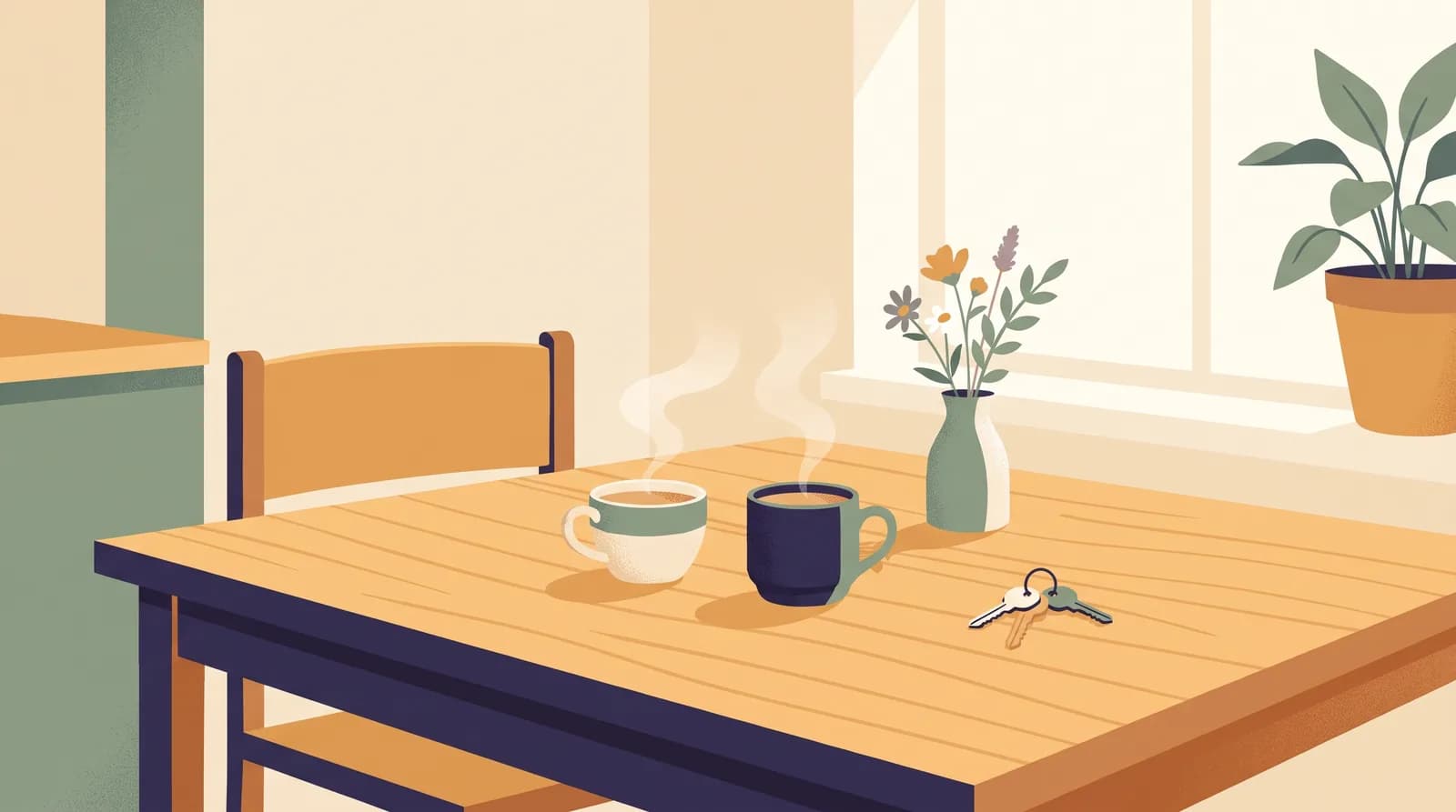 An illustration of a kitchen table in morning light with two cups of chai side by side, a small vase of flowers and a set of house keys.
