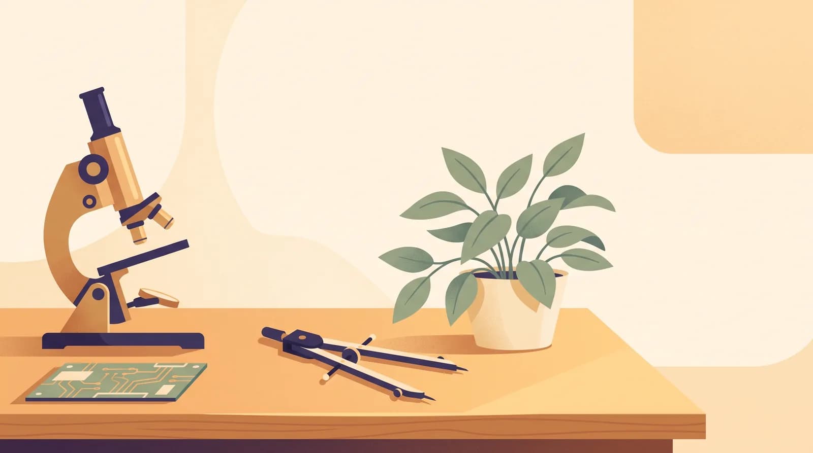 An illustration of a workbench holding a microscope, a small circuit board and a drafting compass, arranged on warm wood.