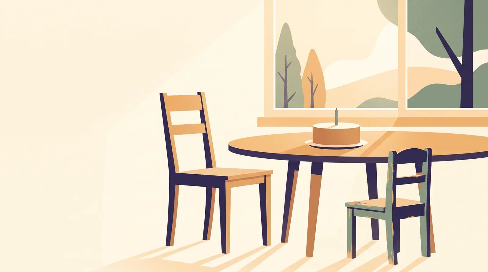 An illustration of two chairs at a kitchen table in morning light, one adult-sized and one smaller child-sized that has been outgrown, with an unlit birthday candle on a small cake.