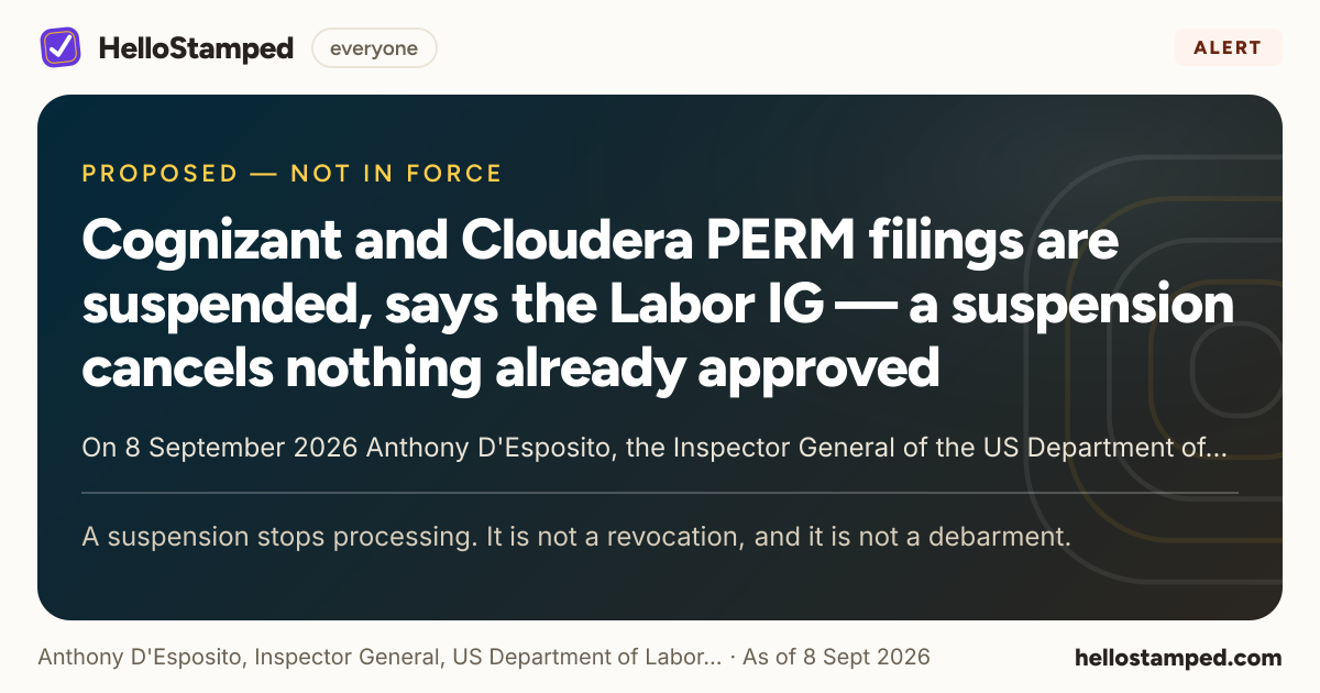 Cognizant and Cloudera PERM filings are suspended, says the Labor IG — a suspension cancels nothing already approved — a shareable card summarising this alert