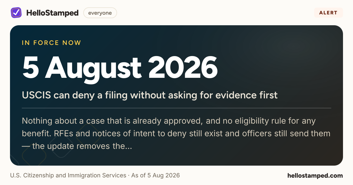 USCIS can deny a filing without asking for evidence first — a shareable card summarising this alert