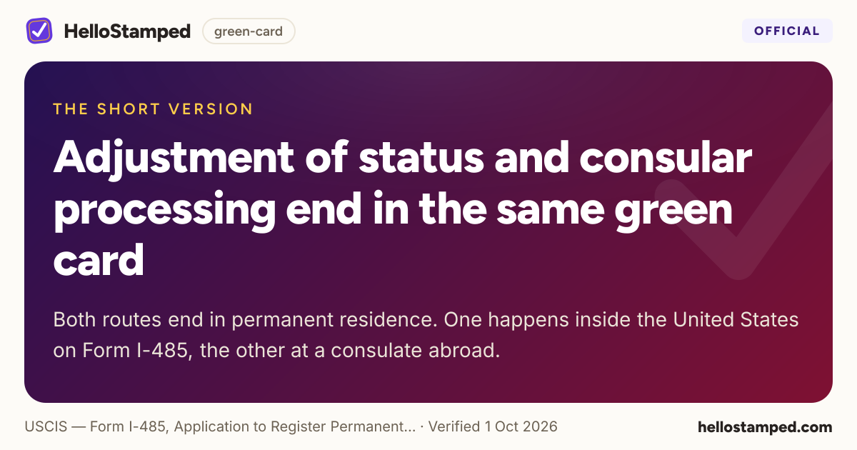 Adjustment of status and consular processing end in the same green card — a shareable card summarising this guide
