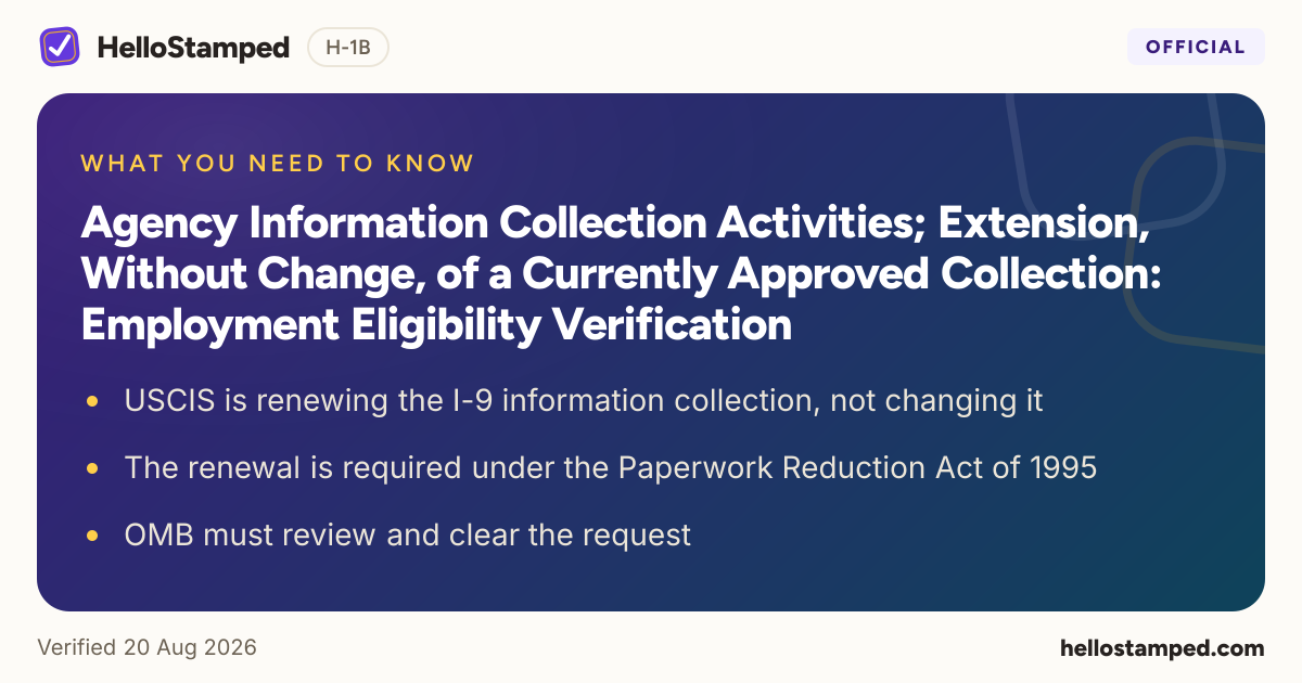 Agency Information Collection Activities; Extension, Without Change, of a Currently Approved Collection: Employment Eligibility Verification — a shareable card summarising this guide