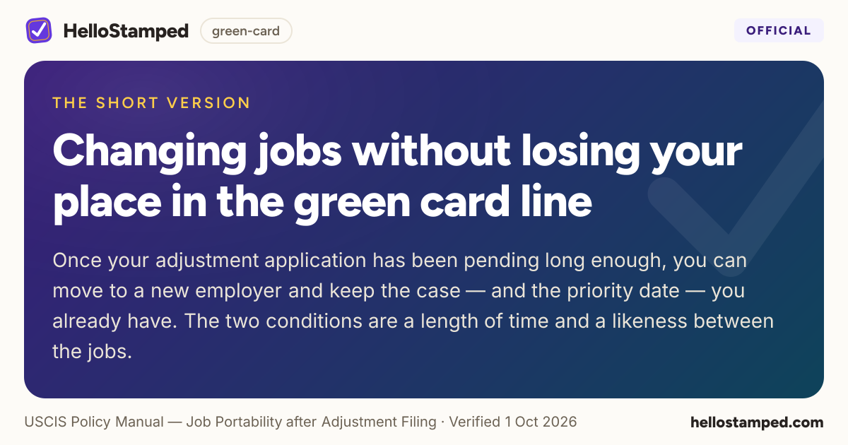 Changing jobs without losing your place in the green card line — a shareable card summarising this guide