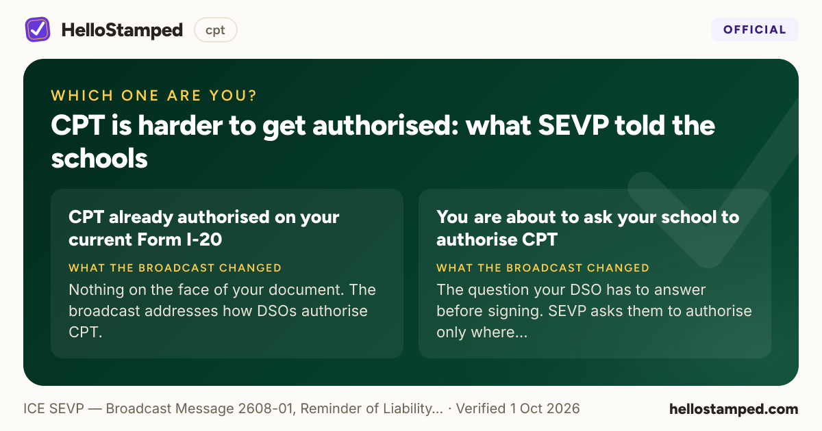 CPT is harder to get authorised: what SEVP told the schools — a shareable card summarising this guide