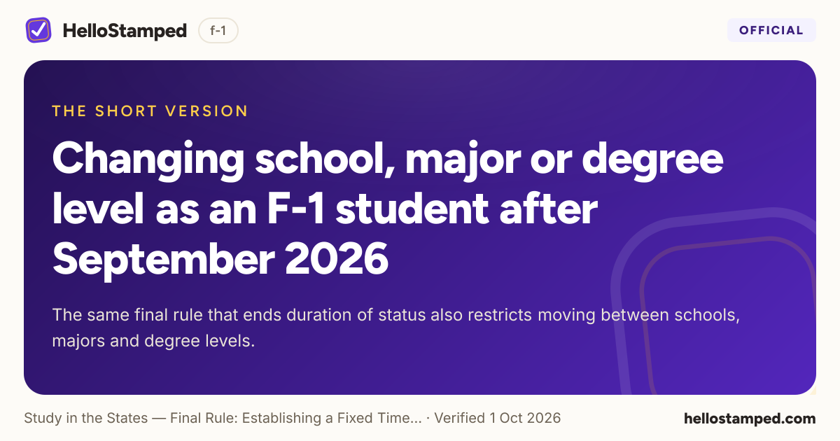 Changing school, major or degree level as an F-1 student after September 2026 — a shareable card summarising this guide