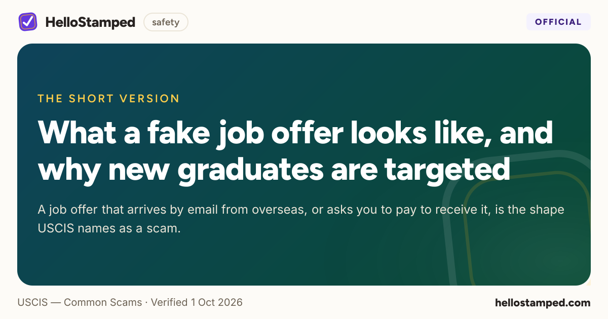 What a fake job offer looks like, and why new graduates are targeted — a shareable card summarising this guide