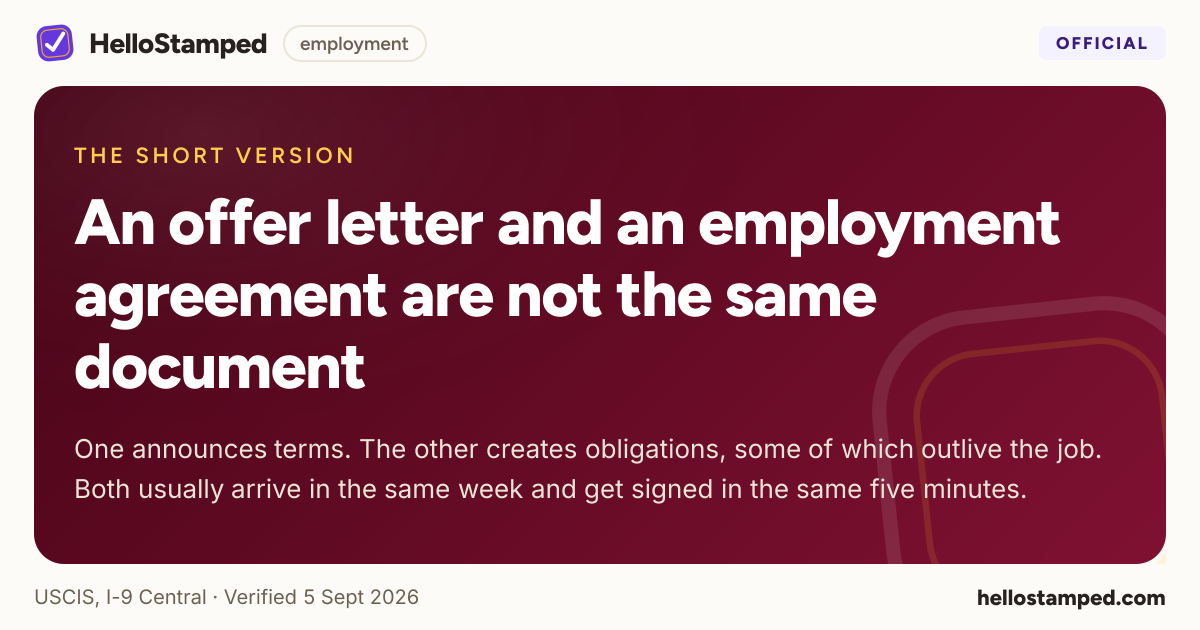 An offer letter and an employment agreement are not the same document — a shareable card summarising this guide
