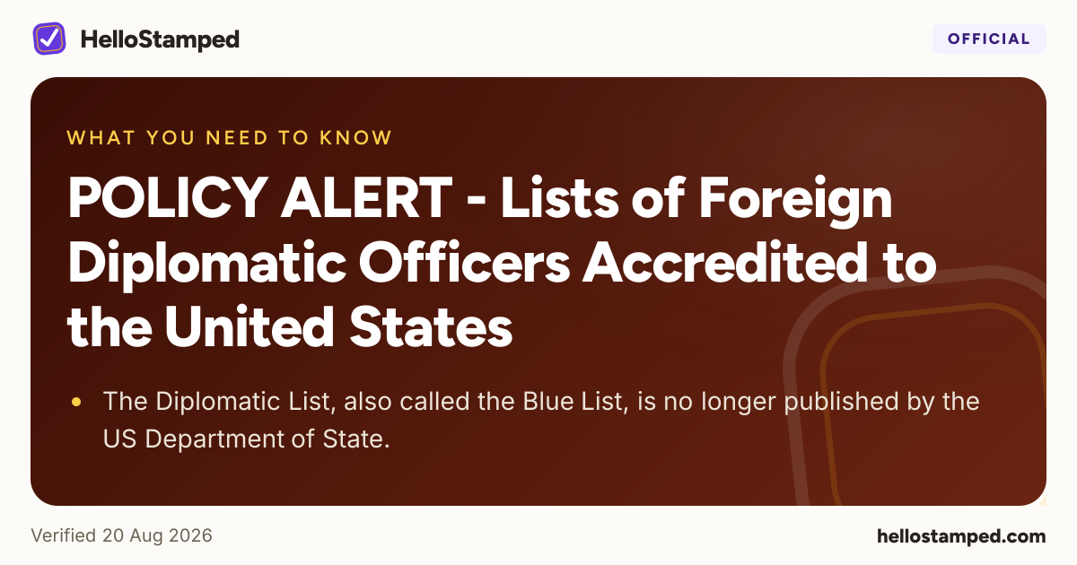 POLICY ALERT - Lists of Foreign Diplomatic Officers Accredited to the United States — a shareable card summarising this guide