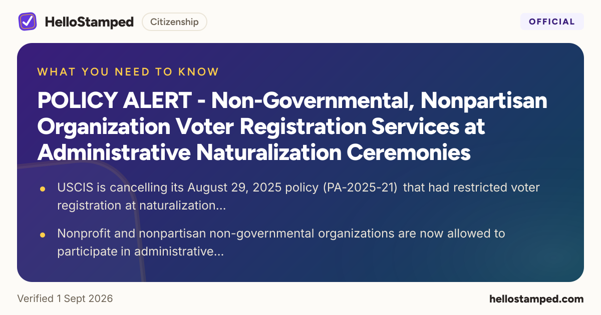 POLICY ALERT - Non-Governmental, Nonpartisan Organization Voter Registration Services at Administrative Naturalization Ceremonies — a shareable card summarising this guide