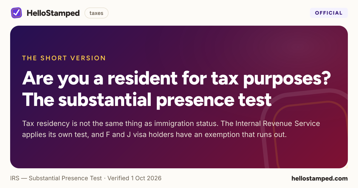 Are you a resident for tax purposes? The substantial presence test — a shareable card summarising this guide