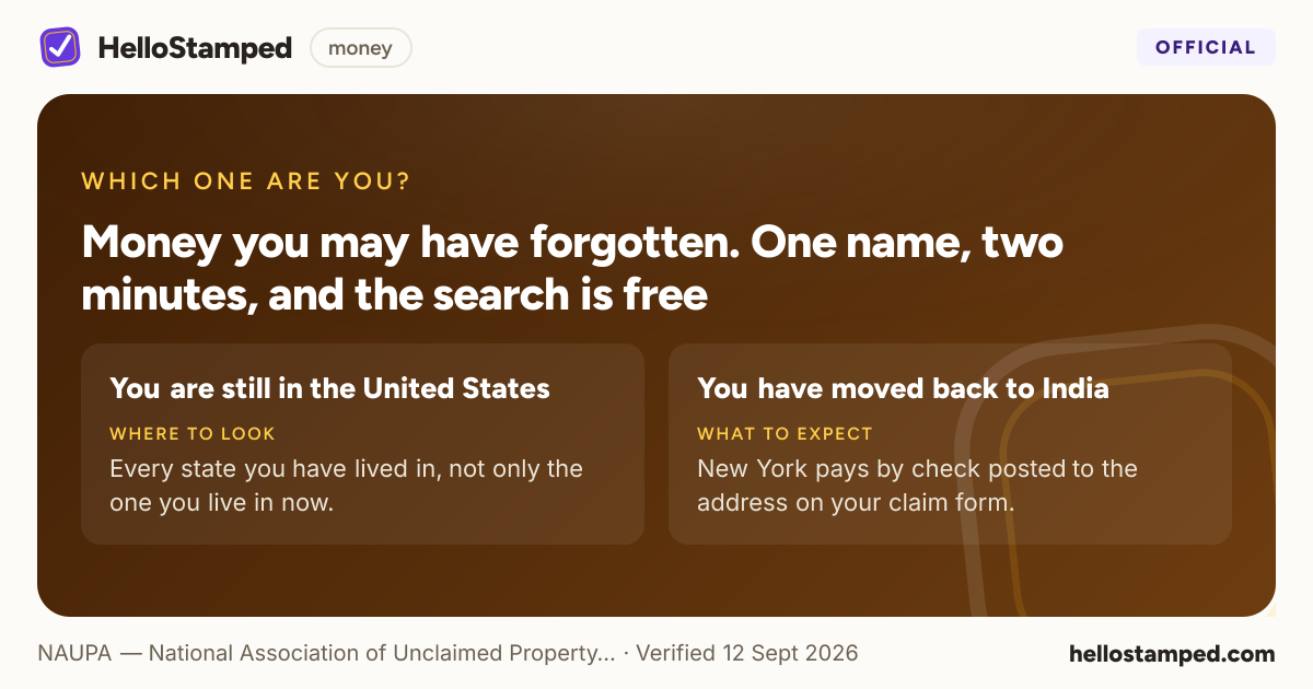Money you may have forgotten. One name, two minutes, and the search is free — a shareable card summarising this guide