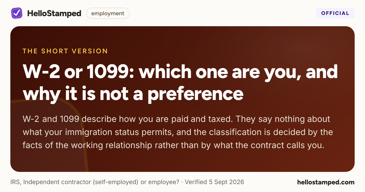 W-2 or 1099: which one are you, and why it is not a preference — a shareable card summarising this guide