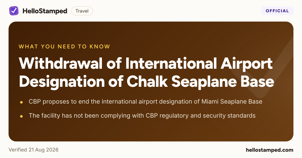 Withdrawal of International Airport Designation of Chalk Seaplane Base — a shareable card summarising this guide